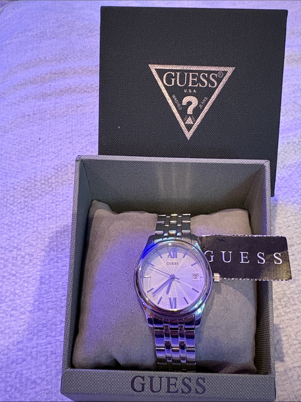 GUESS Silver Men’s Stainless Steel Bracelet Watch with White Dial